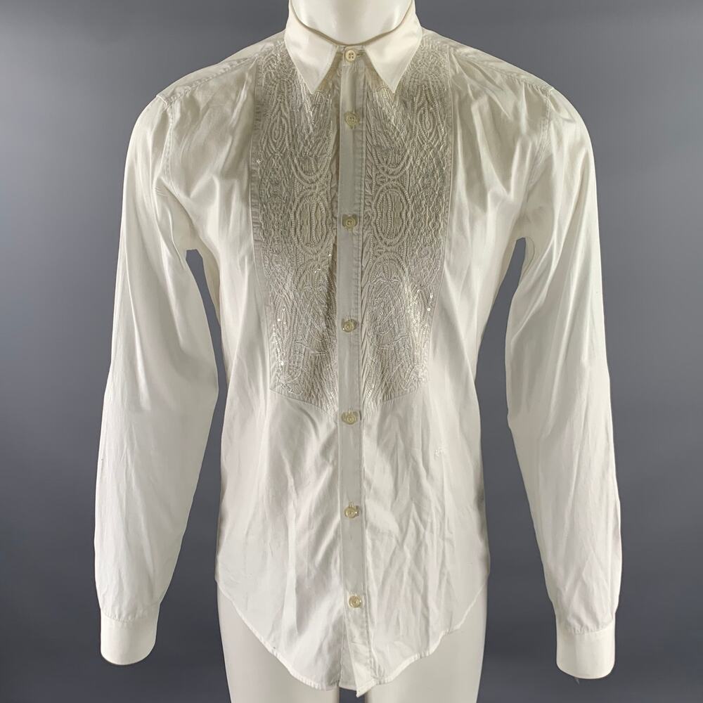 JUST CAVALLI Size M White Cream Cotton Sequined Long Sleeve Shirt